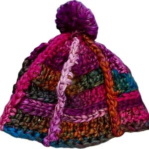 Handmade Rainbow One Size Striped Pom-Pom Knit Beanie Winter Hat Pink Orange